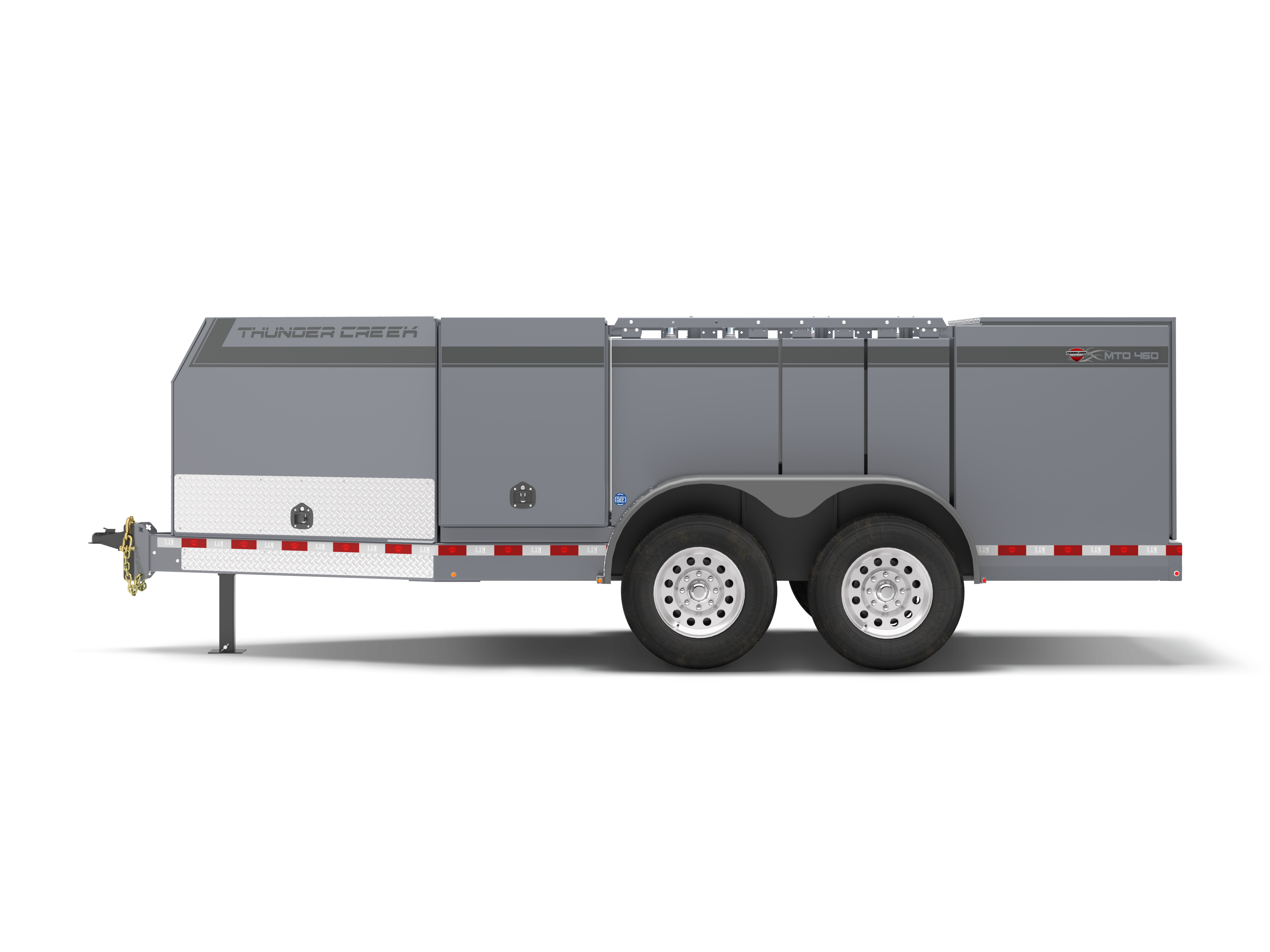 Multi tank fuel trailer fits 460 gallons of liquid parked in side view
